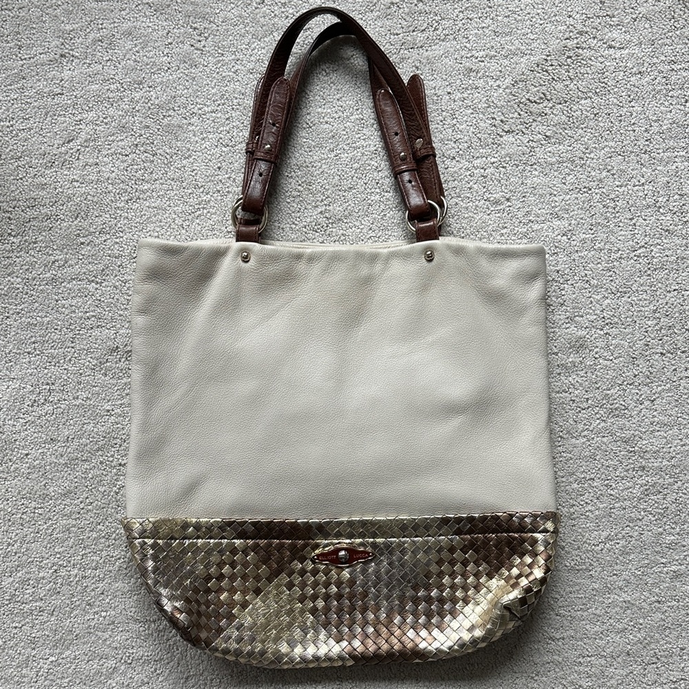 Elliott Lucca Cartagena Tote Shoulder Bag- Cream and Metallic Leather